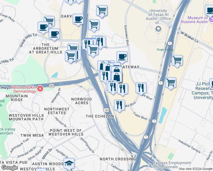 map of restaurants, bars, coffee shops, grocery stores, and more near 9605 Research Boulevard in Austin