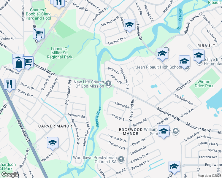 map of restaurants, bars, coffee shops, grocery stores, and more near 4526 Moncrief Road West in Jacksonville