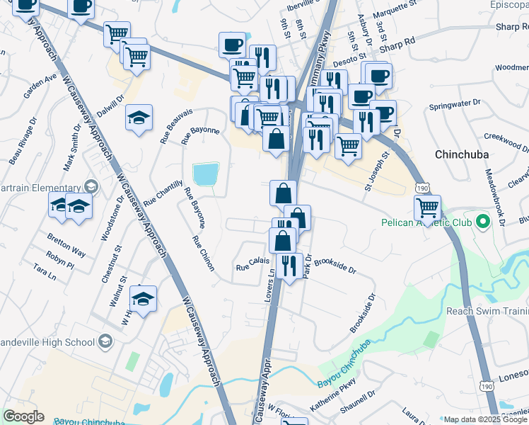 map of restaurants, bars, coffee shops, grocery stores, and more near 1414 North Causeway Boulevard in Mandeville