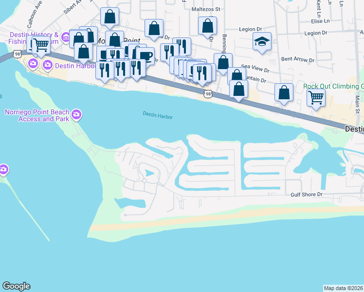 map of restaurants, bars, coffee shops, grocery stores, and more near 189 Durango Road in Destin