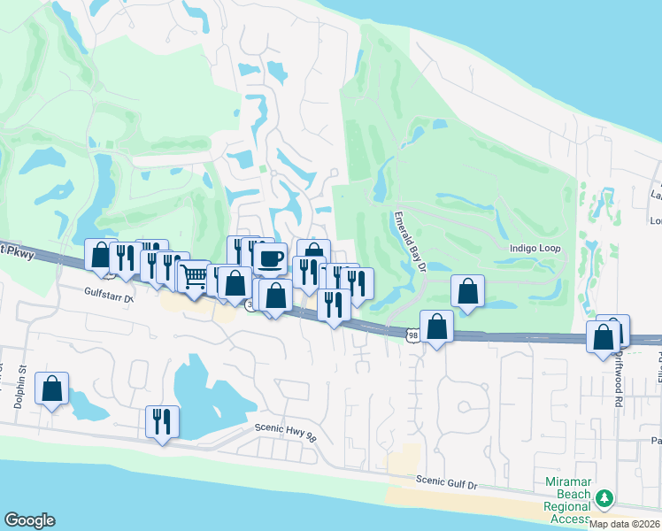 map of restaurants, bars, coffee shops, grocery stores, and more near 211 Wekiva Cove in Destin
