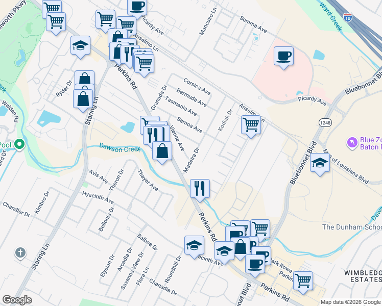 map of restaurants, bars, coffee shops, grocery stores, and more near 3120 Madeira Drive in Baton Rouge