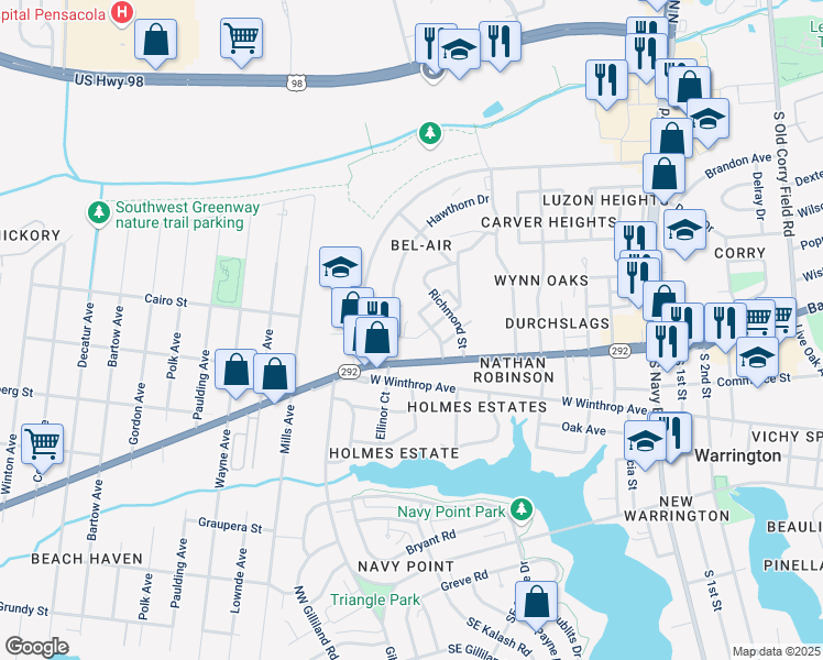 map of restaurants, bars, coffee shops, grocery stores, and more near 806 Lola Lane in Pensacola
