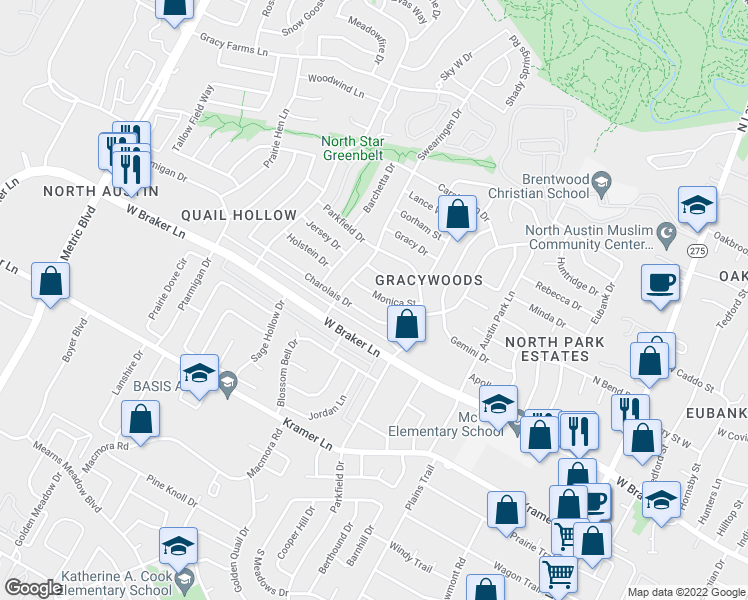 map of restaurants, bars, coffee shops, grocery stores, and more near 1409 Monica Street in Austin