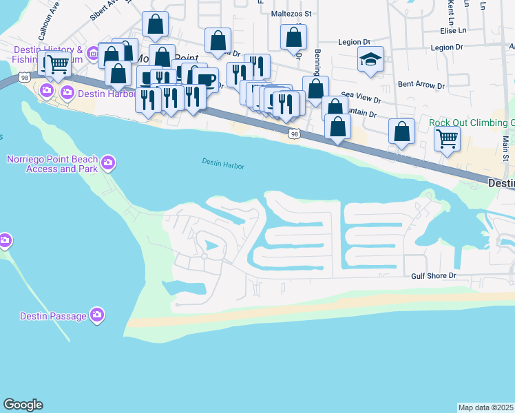 map of restaurants, bars, coffee shops, grocery stores, and more near 189 Durango Road in Destin