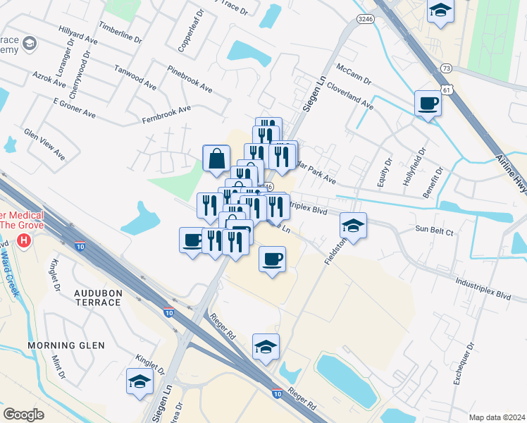 map of restaurants, bars, coffee shops, grocery stores, and more near 10839 Honore Lane in Baton Rouge