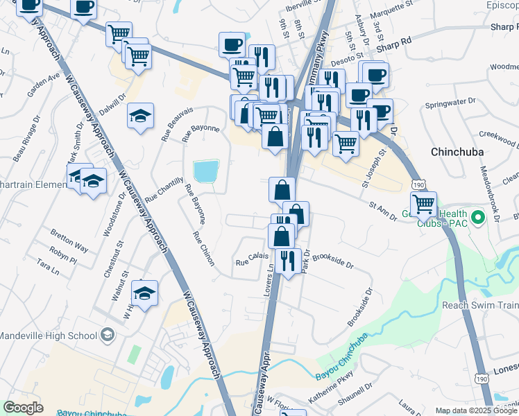 map of restaurants, bars, coffee shops, grocery stores, and more near 1414 North Causeway Boulevard in Mandeville