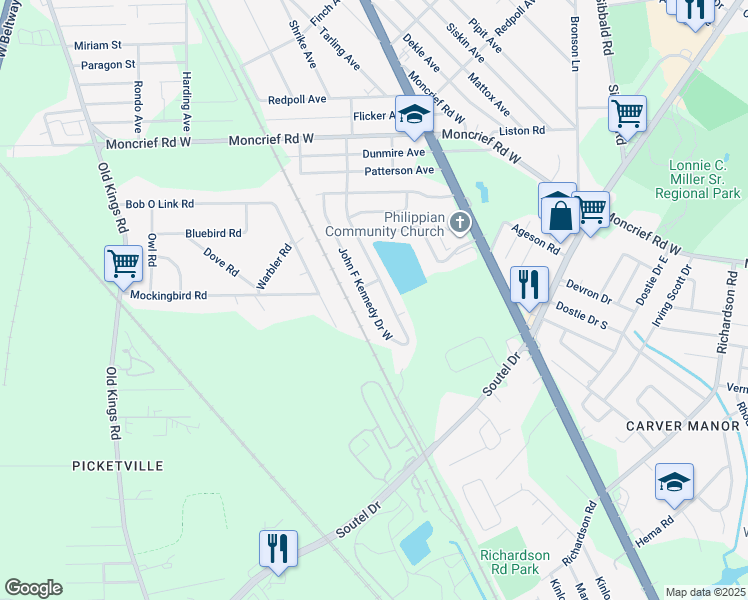 map of restaurants, bars, coffee shops, grocery stores, and more near 7451 John F Kennedy Drive East in Jacksonville