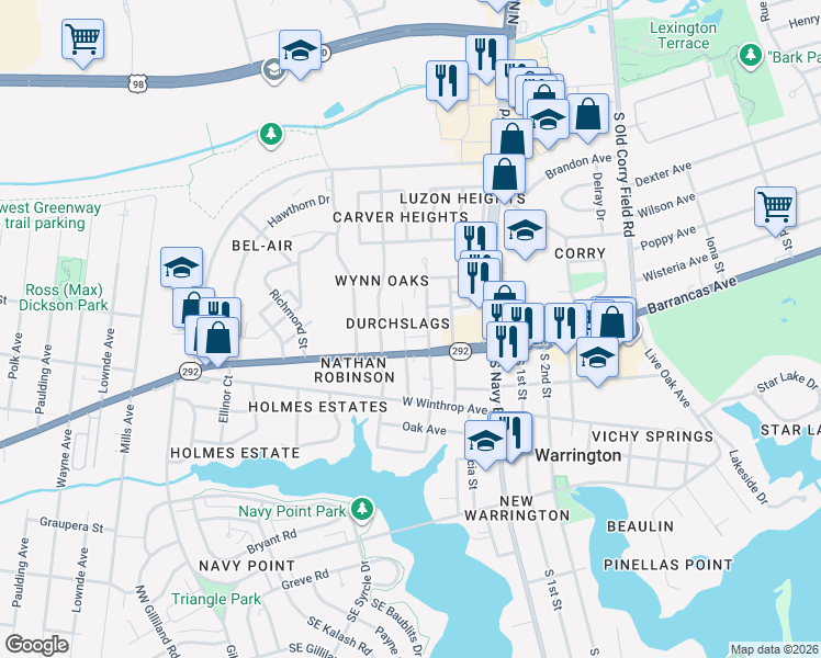 map of restaurants, bars, coffee shops, grocery stores, and more near 13 North Runyan Street in Pensacola