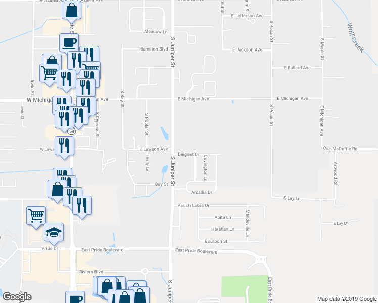 map of restaurants, bars, coffee shops, grocery stores, and more near 629 Beignet Drive in Foley