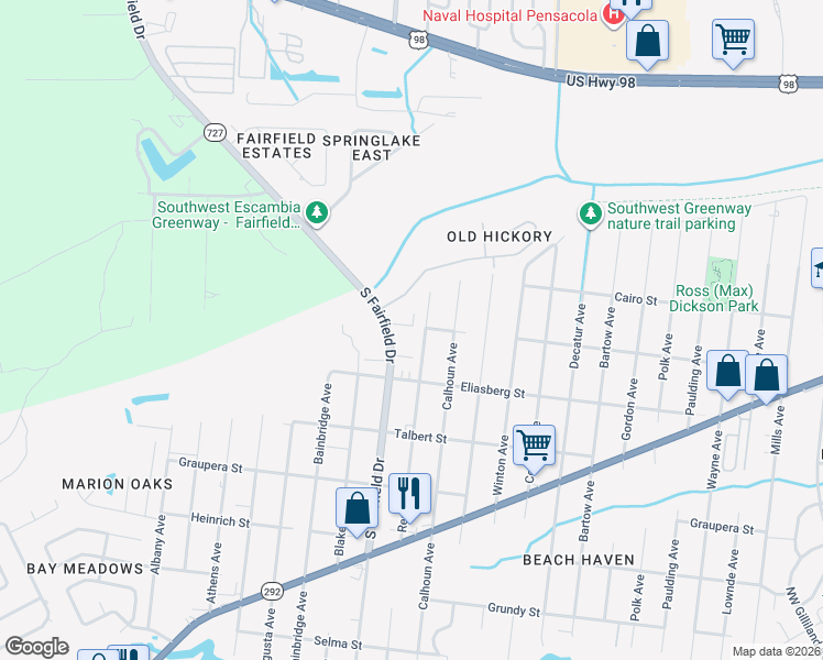 map of restaurants, bars, coffee shops, grocery stores, and more near 1476 South Fairfield Drive in Pensacola