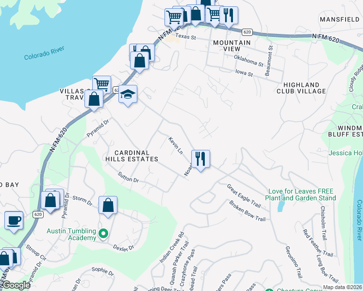 map of restaurants, bars, coffee shops, grocery stores, and more near 15108 Kevin Lane in Austin