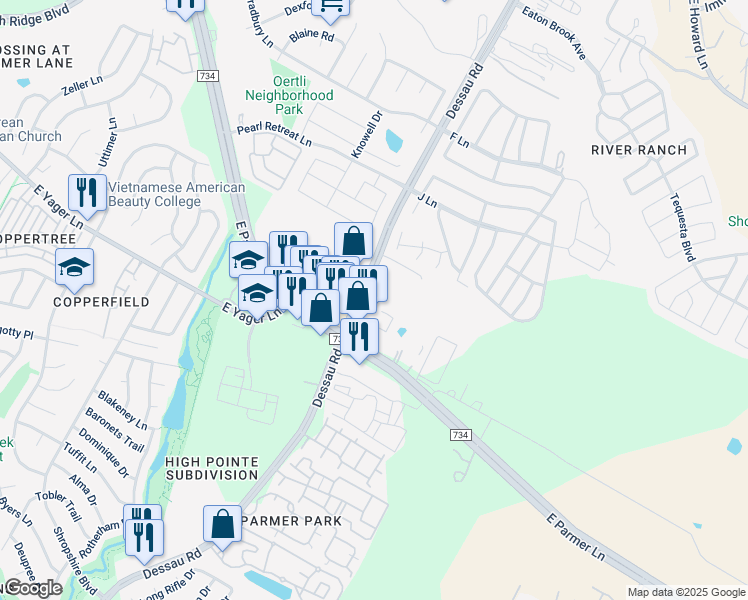 map of restaurants, bars, coffee shops, grocery stores, and more near 12315 Dessau Road in Austin