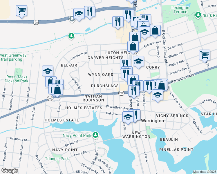 map of restaurants, bars, coffee shops, grocery stores, and more near 13 North Runyan Street in Pensacola