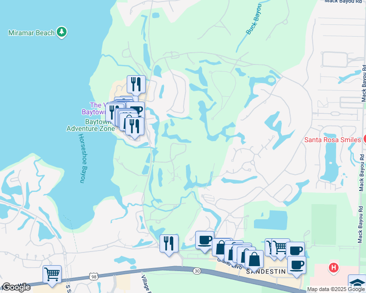 map of restaurants, bars, coffee shops, grocery stores, and more near 8586 Magnolia Bay Lane in Destin