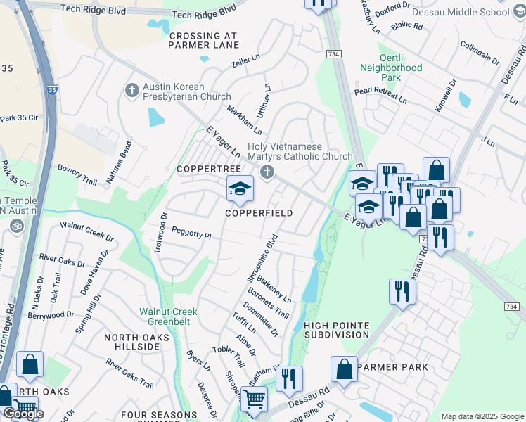 map of restaurants, bars, coffee shops, grocery stores, and more near 12204 Abbey Glen Lane in Austin