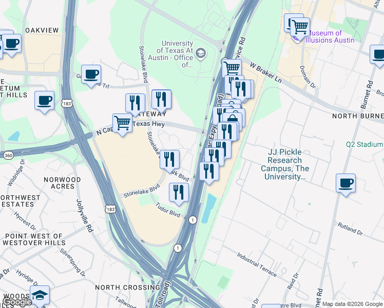 map of restaurants, bars, coffee shops, grocery stores, and more near 9801 Stonelake Boulevard in Austin