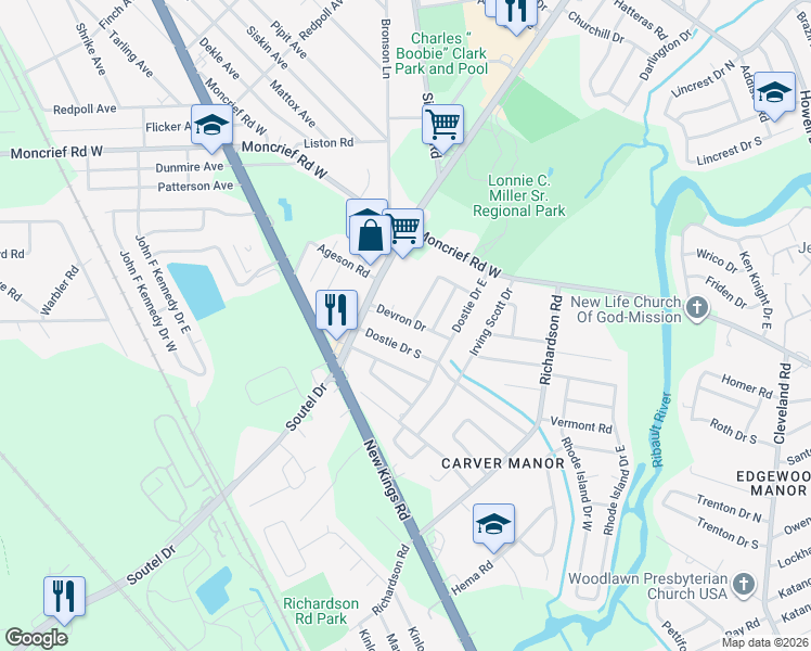 map of restaurants, bars, coffee shops, grocery stores, and more near 5304 Devron Drive in Jacksonville