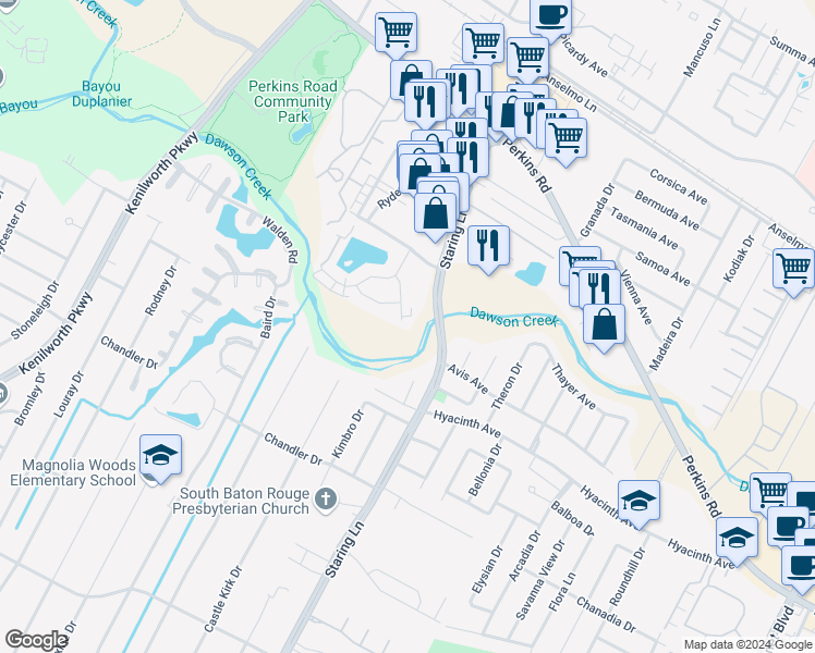 map of restaurants, bars, coffee shops, grocery stores, and more near 1612 Cedar Lake Drive in Baton Rouge