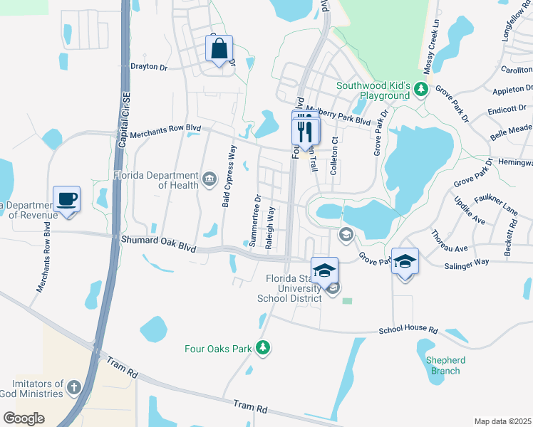 map of restaurants, bars, coffee shops, grocery stores, and more near 4240 Raleigh Way in Tallahassee