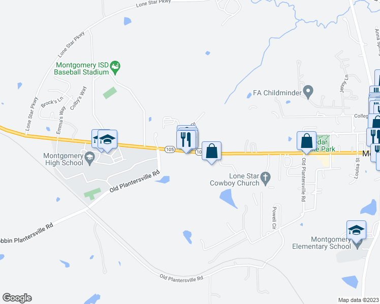 map of restaurants, bars, coffee shops, grocery stores, and more near 19763 Texas 105 in Montgomery