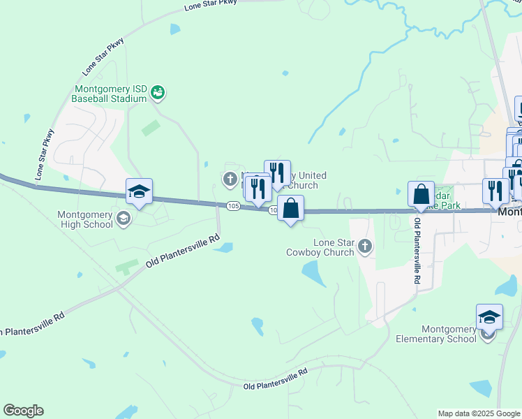 map of restaurants, bars, coffee shops, grocery stores, and more near 19767 Texas 105 in Montgomery