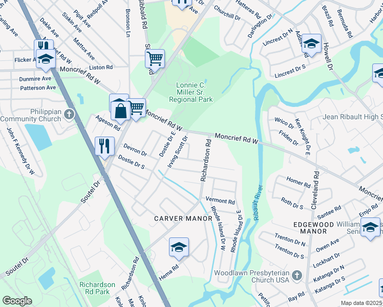 map of restaurants, bars, coffee shops, grocery stores, and more near 7421 Richardson Heights Place in Jacksonville