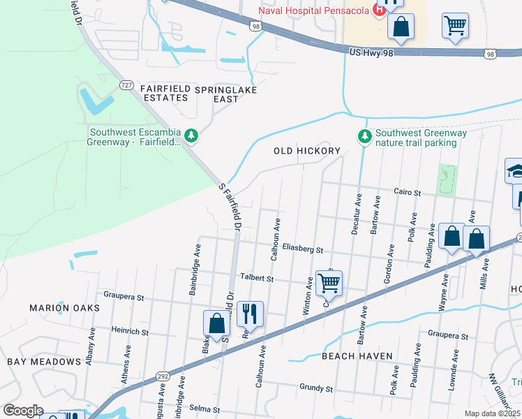 map of restaurants, bars, coffee shops, grocery stores, and more near 1006 Rentz Avenue in Pensacola