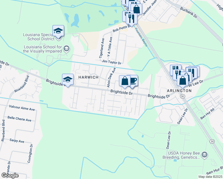 map of restaurants, bars, coffee shops, grocery stores, and more near 2112 Brightside Drive in Baton Rouge