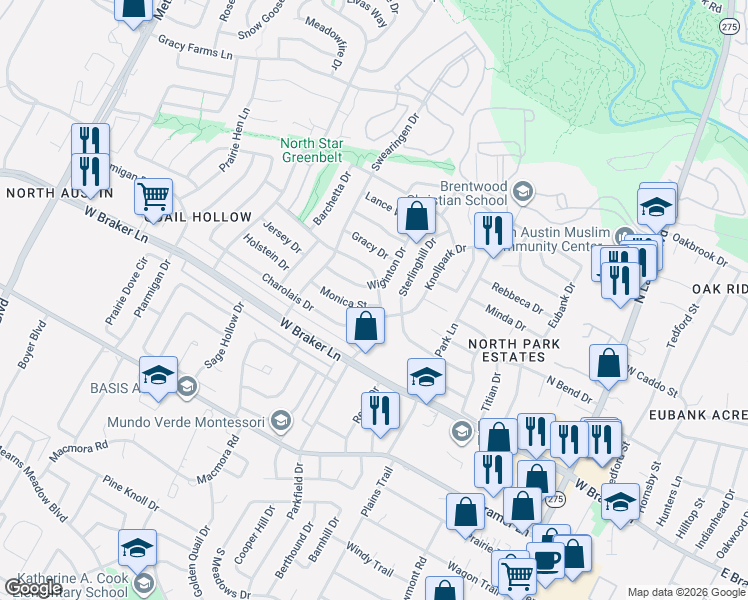 map of restaurants, bars, coffee shops, grocery stores, and more near 1302 Monica Street in Austin