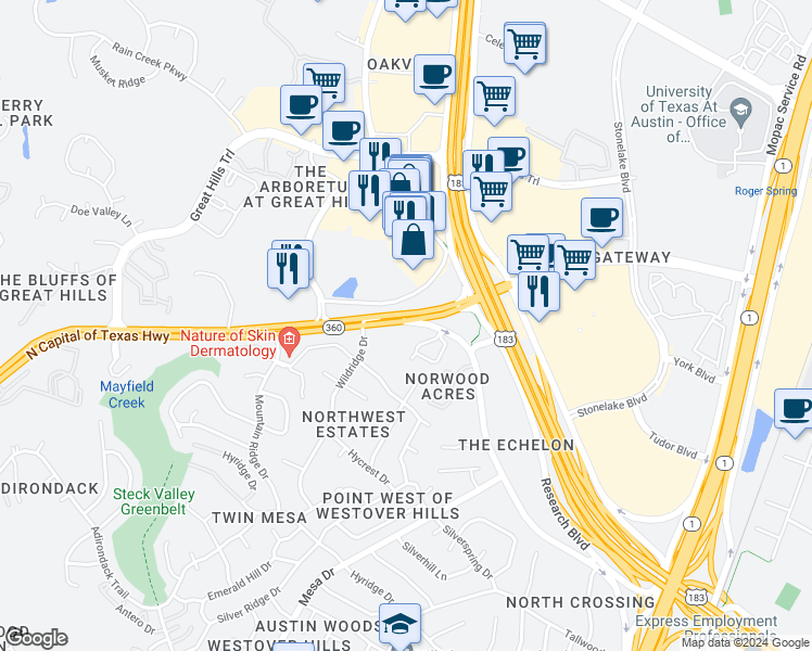 map of restaurants, bars, coffee shops, grocery stores, and more near 9518 North Capital of Texas Highway in Austin