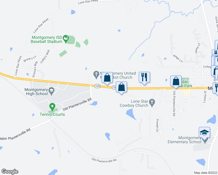 map of restaurants, bars, coffee shops, grocery stores, and more near 19835 Texas 105 in Montgomery