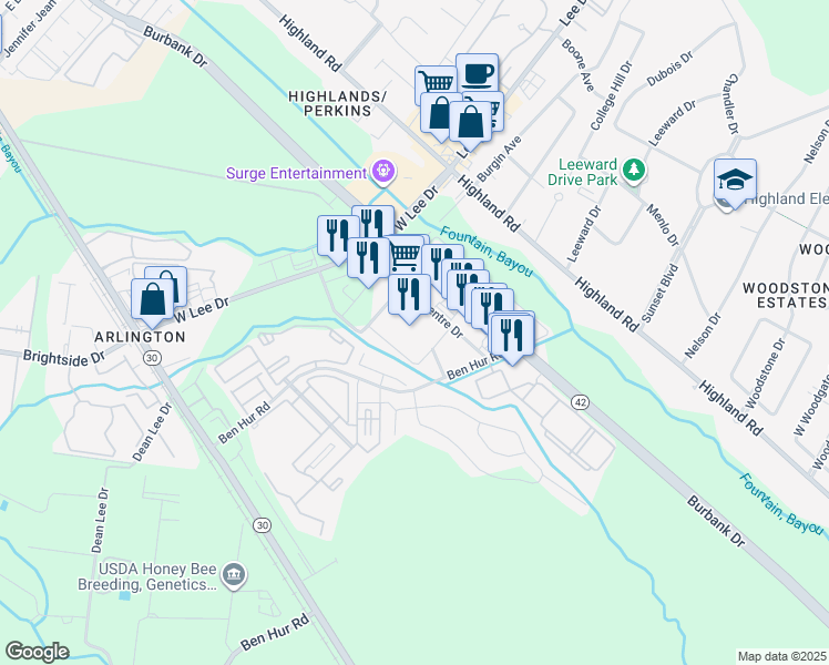 map of restaurants, bars, coffee shops, grocery stores, and more near 550 Ben Hur Road in Baton Rouge