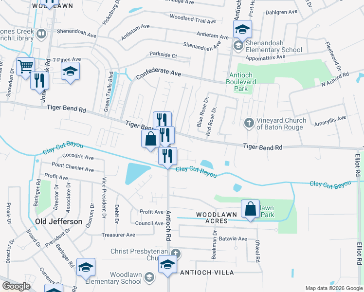 map of restaurants, bars, coffee shops, grocery stores, and more near 16007 Belle Brittany Avenue in Baton Rouge