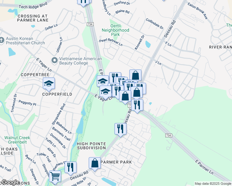 map of restaurants, bars, coffee shops, grocery stores, and more near East Yager Lane in Austin