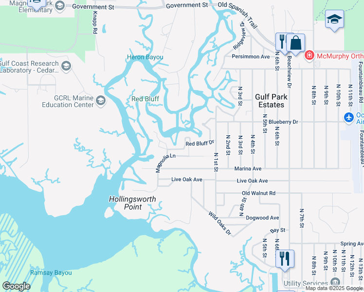 map of restaurants, bars, coffee shops, grocery stores, and more near 9532 Red Bluff Drive in Ocean Springs