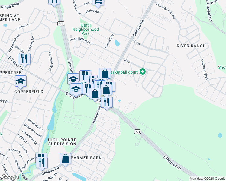 map of restaurants, bars, coffee shops, grocery stores, and more near 12345 Dessau Road in Austin