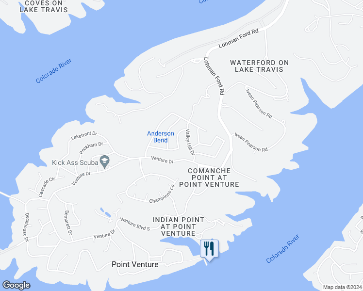 map of restaurants, bars, coffee shops, grocery stores, and more near 18515 Staghorn Drive in Lago Vista