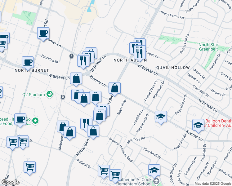 map of restaurants, bars, coffee shops, grocery stores, and more near 2001 Kramer Lane in Austin