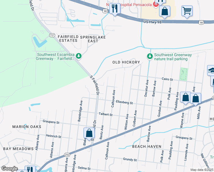 map of restaurants, bars, coffee shops, grocery stores, and more near 1006 Rentz Avenue in Pensacola