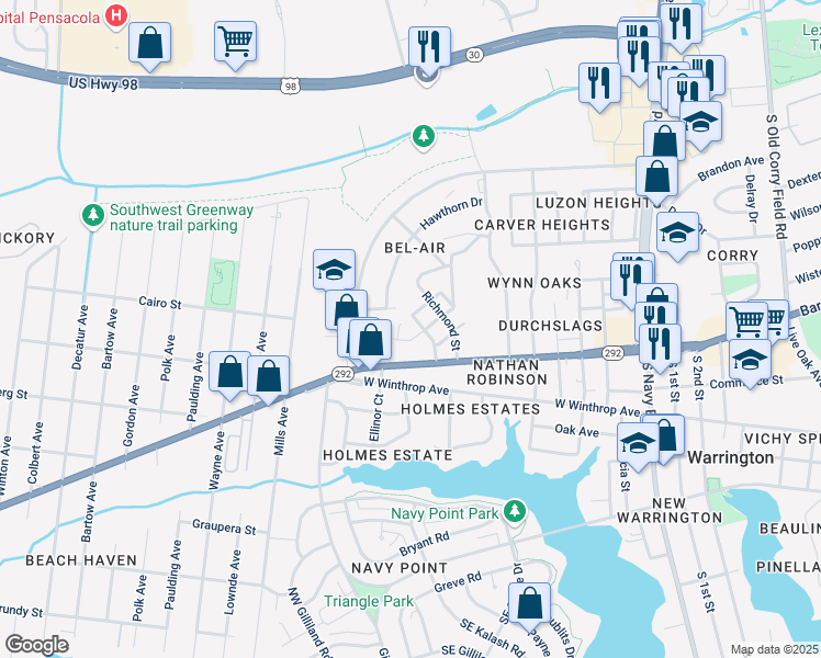 map of restaurants, bars, coffee shops, grocery stores, and more near 806 Lola Lane in Pensacola