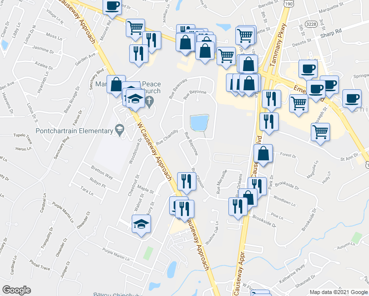 map of restaurants, bars, coffee shops, grocery stores, and more near 1151 Rue Chinon in Mandeville