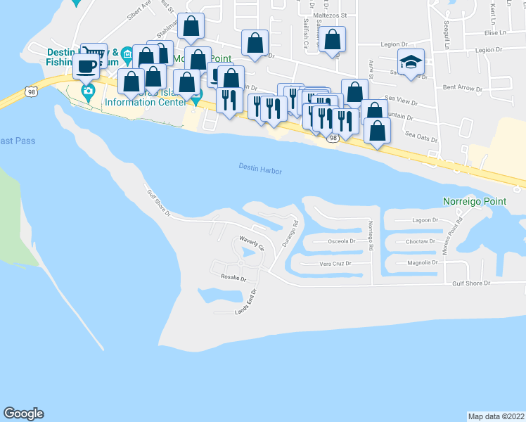 map of restaurants, bars, coffee shops, grocery stores, and more near 211 Durango Road in Destin