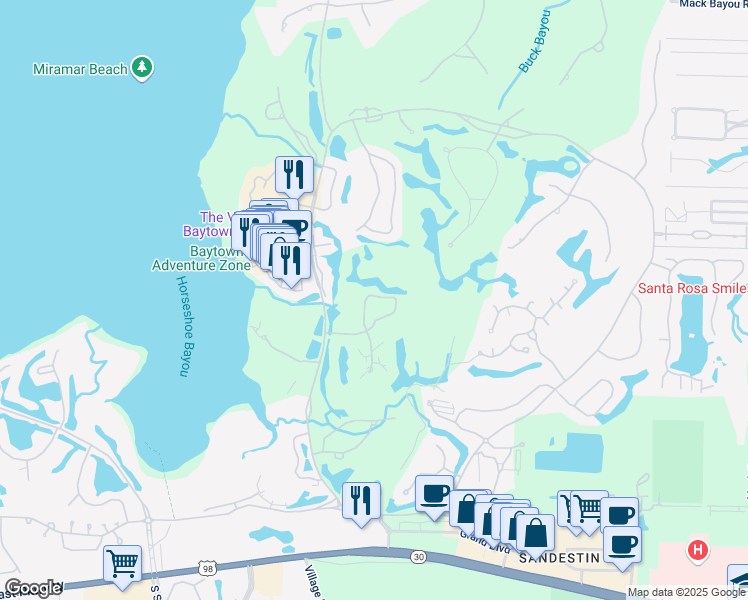 map of restaurants, bars, coffee shops, grocery stores, and more near 8586 Magnolia Bay Lane in Destin