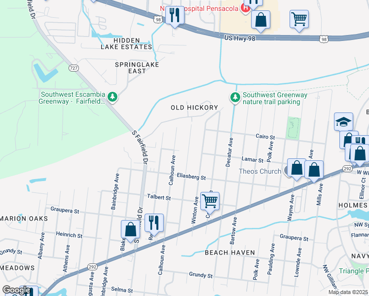 map of restaurants, bars, coffee shops, grocery stores, and more near 1001 Bremen Avenue in Pensacola