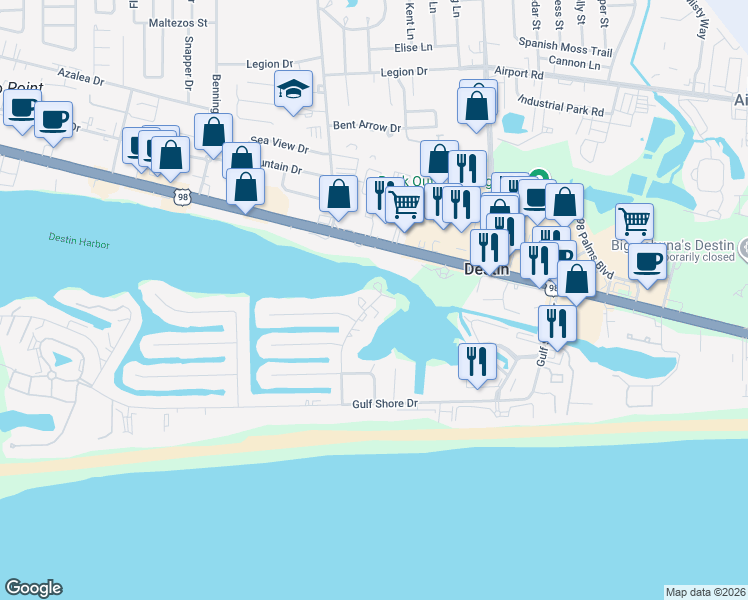 map of restaurants, bars, coffee shops, grocery stores, and more near 30 Moreno Point Road in Destin