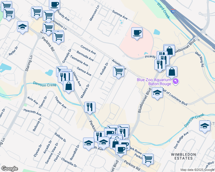map of restaurants, bars, coffee shops, grocery stores, and more near 3319 Myrtle Grove Drive in Baton Rouge