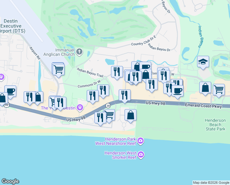map of restaurants, bars, coffee shops, grocery stores, and more near 4207 Indian Bayou Trail in Destin