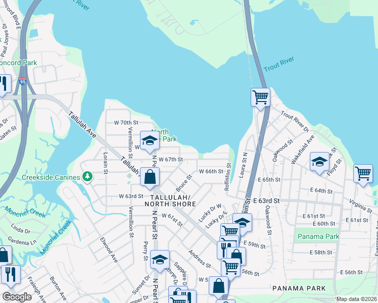 map of restaurants, bars, coffee shops, grocery stores, and more near 220 Trout River Terrace in Jacksonville