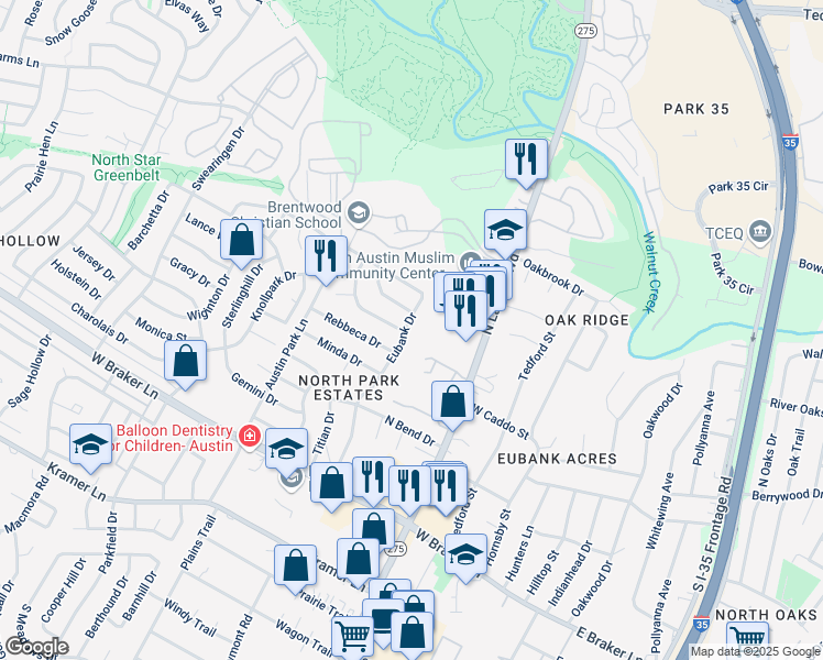 map of restaurants, bars, coffee shops, grocery stores, and more near 11801 Eubank Drive in Austin